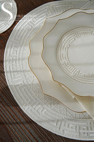 Layali Design Ramadan Collection Placemat Set - Off White Embroidered - Waterproof Fabric - 6 Persons - 18 Pcs. Full Set