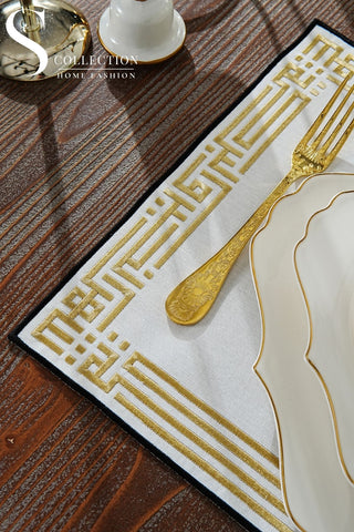 Ramadan Design Khair wa Barakah Placemat- Gold and Black Embroidery - Waterproof Fabric - 12 Pcs.