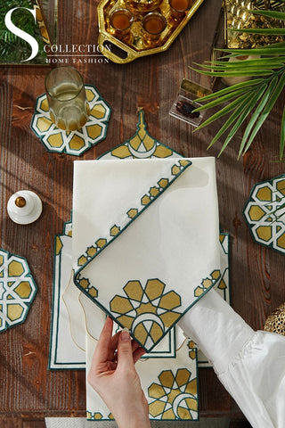 Ramadan Dome Design Green and Gold Placemat Set - Waterproof Fabric - 6 Persons - 24 Pcs. Full Set