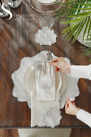 Marine Silver Design Placemat Set - Waterproof Fabric - 6 Persons - 24 Pcs. Full Set