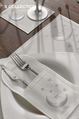 Ramadan Design Silver Luna Placemat Set - Waterproof Fabric - 6 Persons - 24 Pcs. Full Set
