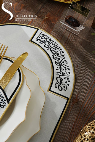 Ramadan Noor Design Placemat and Cutlery Pocket Set - Black and Gold Embroidery - Waterproof Fabric - 12 pcs (6 Persons)