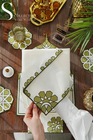 Ramadan Dome Design Olive Green Placemat Set - Waterproof Fabric - 6 Persons - 24 Pcs. Full Set