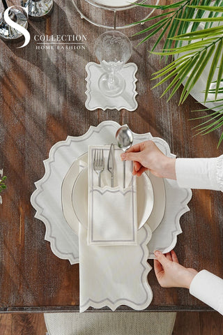 Camila Silver and Off White Design Placemat Set - Waterproof Fabric - 6 Persons - 24 Pcs. Full Set