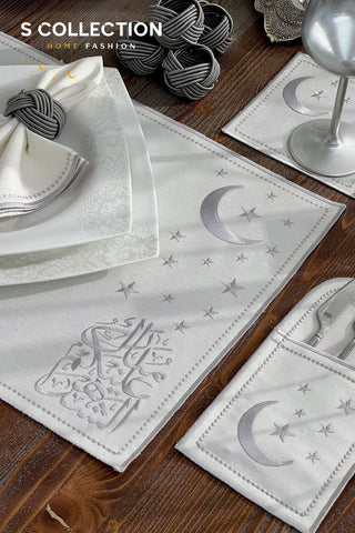 Ramadan Design Silver Glamorous Placemat Set - Waterproof Fabric - 6 Persons - 30 Pcs. Full Set