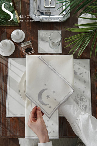 Ramadan Design Silver Glamorous Placemat Set - Waterproof Fabric - 6 Persons - 24 Pcs. Full Set