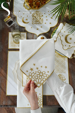 Ramadan Design Gold Chic Full Placemat Set - With Bread Basket Napkin and Runner - 6 Persons - 26 Pcs.