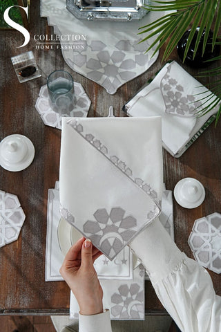Ramadan Dome Design Silver Full Placemat Set - With Bread Basket Napkin and Runner - 6 Persons - 26 Pcs.