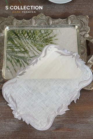 Tulip Design Tray Cover - %100 Linen Fabric - Silver Embroidered