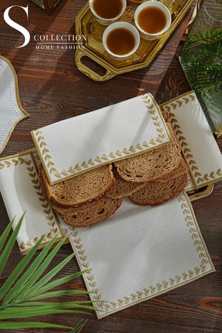 Leafy Allure Design Bread Basket Napkin - Waterproof Fabric - Gold Embroidered