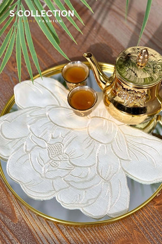 Charlotte Design Tray Cover - %100 Linen Fabric - Off White Embroidered