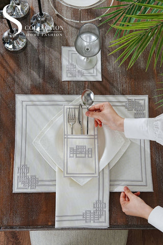 Pyramid Design Silver Placemat Set - Waterproof Fabric - 6 Persons - 24 Pcs. Full Set