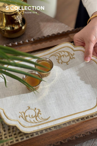 Orchid Design Tray Cover - %100 Linen Fabric - Gold Embroidered