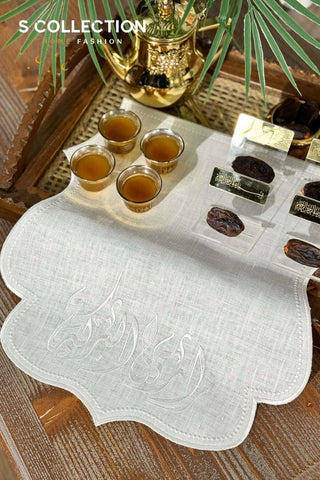 Al-Barakah Design Tray Cover - %100 Linen Fabric - Off White Embroidered