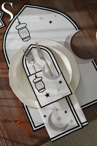 Ramadan Qamar Design Black and Silver Placemat Set - Waterproof Fabric - 6 Persons - 24 Pcs. Full Set