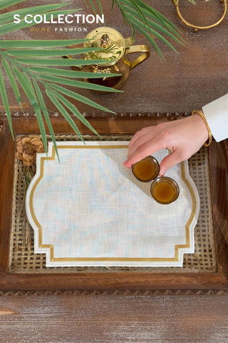 Graceful Design Tray Cover - %100 Linen Fabric - Gold Embroidered