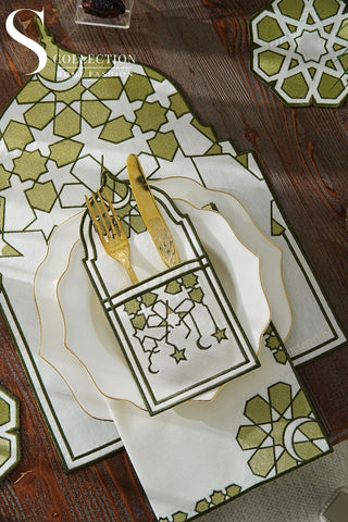 Ramadan Dome Design Olive Green Placemat Set - Waterproof Fabric - 6 Persons - 24 Pcs. Full Set