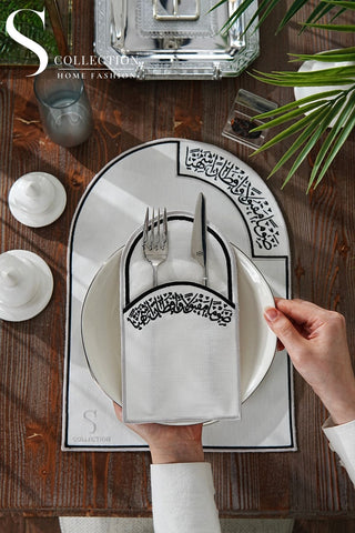 Ramadan Noor Design Placemat and Cutlery Pocket Set - Silver and Black Embroidery - Waterproof Fabric - 12 pcs (6 Persons)
