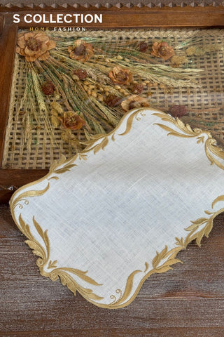 Tulip Design Tray Cover - %100 Linen Fabric - Gold Embroidered