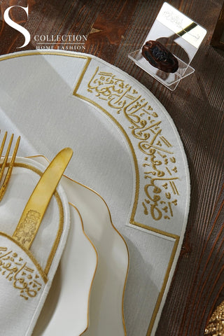 Ramadan Noor Design Placemat and Cutlery Pocket Set - Gold and Off White Embroidery - Waterproof Fabric - 12 pcs (6 Persons)
