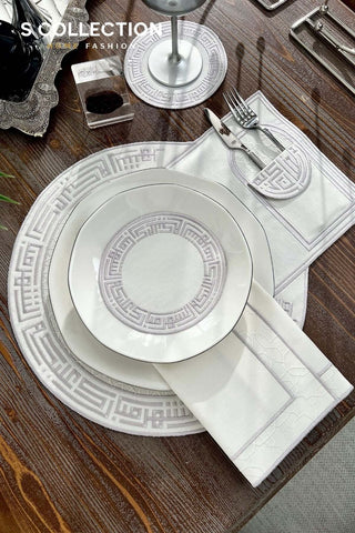 Layali Design Ramadan Collection Placemat Set - Silver Embroidered - Waterproof Fabric - 6 Persons - 18 Pcs. Full Set