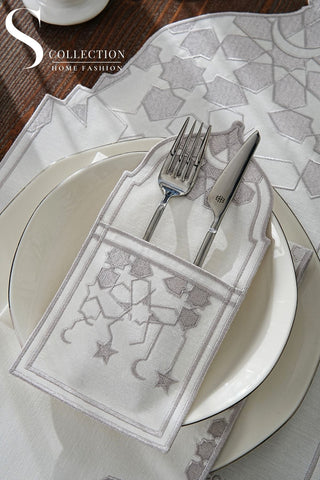 Ramadan Dome Design Silver Placemat Set - Waterproof Fabric - 6 Persons - 24 Pcs. Full Set