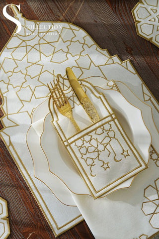 Ramadan Dome Design Gold and Off White Placemat Set - Waterproof Fabric - 6 Persons - 24 Pcs. Full Set