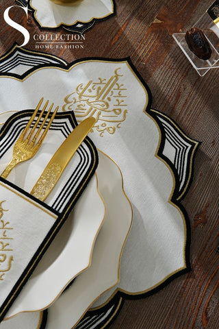 Ramadan Najma Design Black and Gold Placemat Set - Waterproof Fabric - 6 Persons - 24 Pcs. Full Set