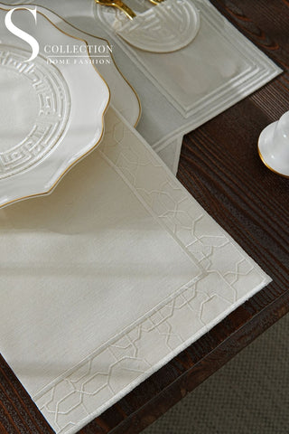 Layali Design Ramadan Collection Placemat Set - Off White Embroidered - Waterproof Fabric - 6 Persons - 18 Pcs. Full Set