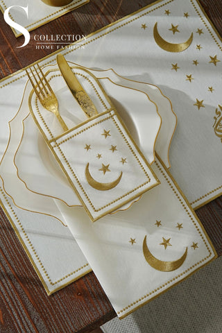 Ramadan Design Gold Glamorous Placemat Set -Waterproof Fabric - 6 Persons - 24 Pcs. Full Set
