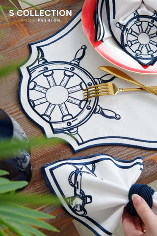 Mariner Design Embroidered Placemat Set - Navy Colour Waterproof Fabric - 6 Persons - 18 Pcs.