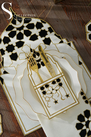 Ramadan Dome Design Black and Gold Placemat Set - Waterproof Fabric - 6 Persons - 24 Pcs. Full Set