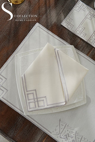 Welcome Elegance Design Silver Placemat Set - Waterproof Fabric - 6 Persons - 24 Pcs. Full Set