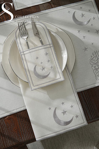 Ramadan Design Silver Glamorous Placemat Set - Waterproof Fabric - 6 Persons - 24 Pcs. Full Set