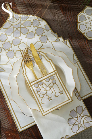 Ramadan Dome Design Silver and Gold Placemat Set - Waterproof Fabric - 6 Persons - 24 Pcs. Full Set