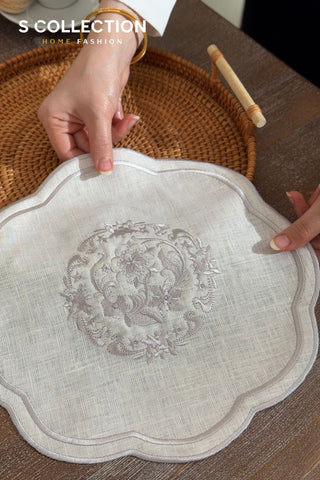 Bouquet Design Tray Cover - %100 Linen Fabric - Silver Embroidered