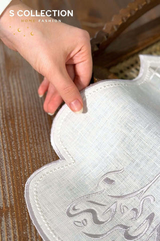 Al-Barakah Design Tray Cover - %100 Linen Fabric - Silver Embroidered