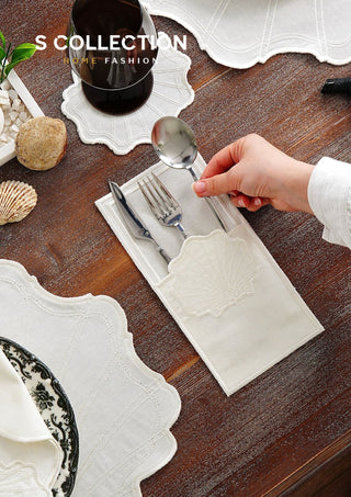 Marine Off White Design Placemat Set - Waterproof Fabric - 6 Persons - 24 Pcs. Full Set