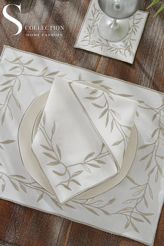 Silver Flower Design Placemat Set - Waterproof Fabric - 6 Persons - 24 Pcs. Full Set
