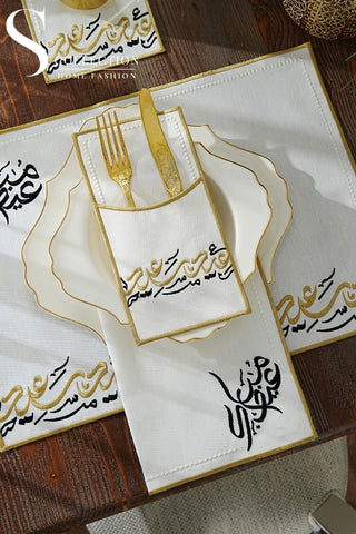 Eid Saeed Design Gold and Black Placemat Set - Waterproof Fabric - 6 Persons - 24 Pcs. Full Set