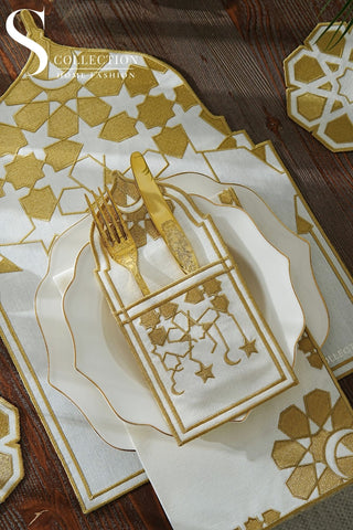 Ramadan Dome Design Gold Placemat Set - Waterproof Fabric - 6 Persons - 24 Pcs. Full Set