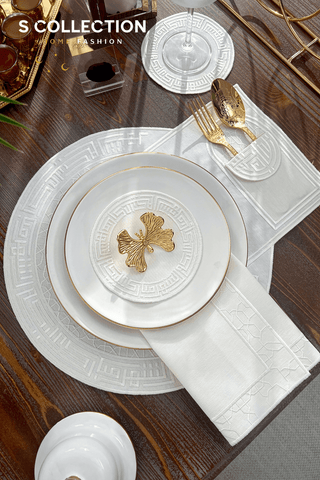 Layali Design Ramadan Collection Placemat Set - Off White Embroidered - Waterproof Fabric - 6 Persons - 18 Pcs. Full Set