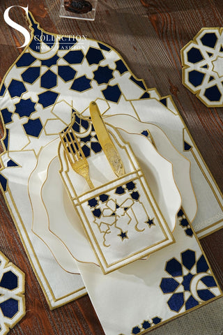 Ramadan Dome Design Navy and Gold Placemat Set - Waterproof Fabric - 6 Persons - 24 Pcs. Full Set