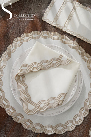 Ocean Braid Cappuccino Design Placemat Set - Waterproof Fabric - 6 Persons - 24 Pcs. Full Set