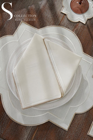 Milan Off White and Cappuccino Design Placemat Set - Waterproof Fabric - 6 Persons - 24 Pcs. Full Set