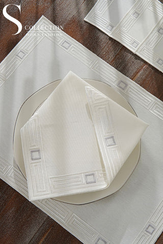 Tuscan Off White and Silver Design Placemat Set - 6 Persons - Waterproof Fabric - 24 Pcs. Full Set