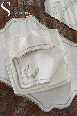 Laurel Wreath Silver Design Placemat Set - Waterproof Fabric - 6 Persons - 24 Pcs. Full Set