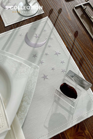 Ramadan Design Silver Luna Placemat Set - Waterproof Fabric - 6 Persons - 24 Pcs. Full Set