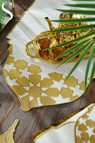 Ramadan Dome Design Gold Full Placemat Set - With Bread Basket Napkin and Runner - 6 Persons - 26 Pcs.