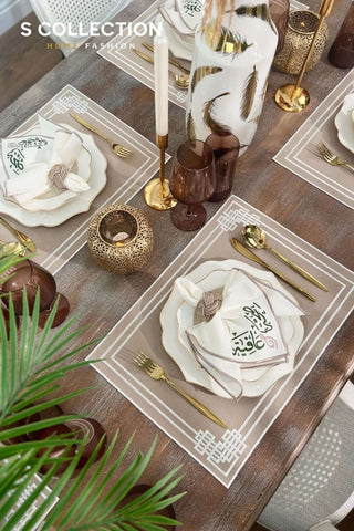 Afia Design Embroidered Placemat Set - Cappucino Colour Waterproof Fabric - 6 Persons - 18 Pcs.